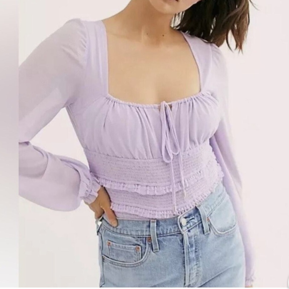 Free‎ People Lolita Top Lavender Purple Sheer Long Sleeve Ruffle Smocked Medium - Picture 11 of 11